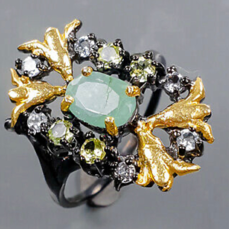 Elegant Genuine Emerald Ring With Gemstones